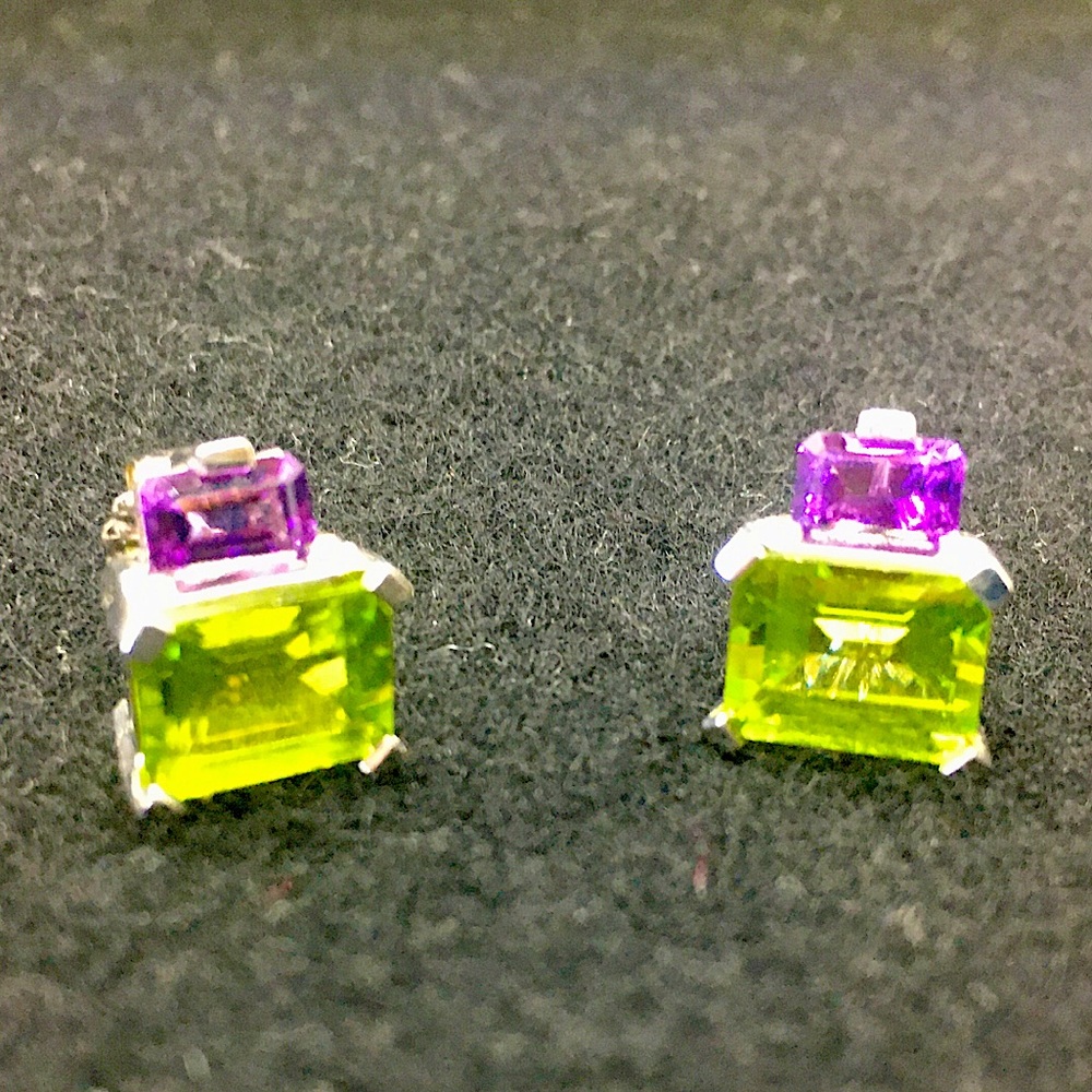Custom Amethyst and Peridot earrings set in 14k white gold.